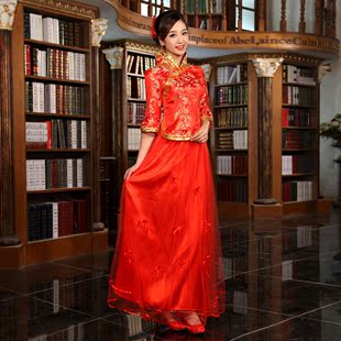  新款新娘红色结婚敬酒服婚礼婚宴礼服长袖旗袍QT1218-1