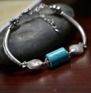  手镯世家88 原创民族风饰品批发 小鱼藏饰藏银绿松石手链SL011