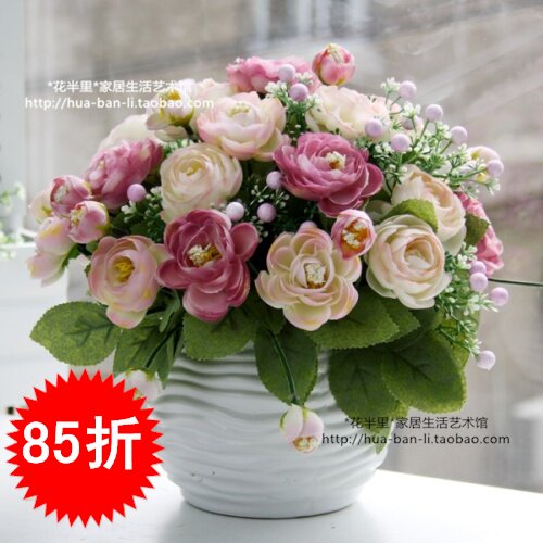 庆皇冠特价 85折茶花玫瑰+波纹花瓶套装 台面花装饰花仿真花插花