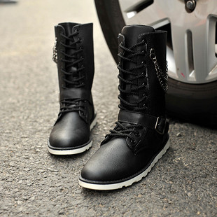  中筒靴子时尚英伦韩版皮靴高帮男鞋子马丁靴潮流时尚工装潮男靴子