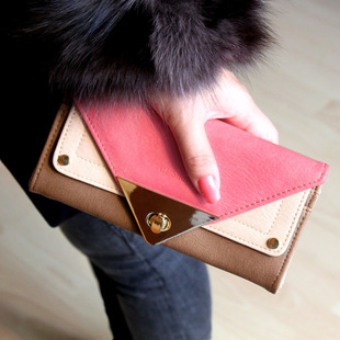  韩国版新品复古双层撞色三角型旋扣女士长款钱包正品欧美流行皮夹