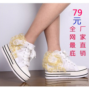 明星款甜美蕾丝花朵厚底内增高松糕鞋帆布鞋休闲高跟鞋女鞋高帮鞋