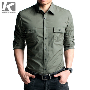  【包邮】男士长袖衬衫 男 修身军装休闲衫 军绿男装衬衣 11506