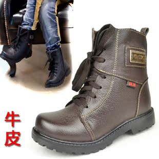  冬款真皮男童靴儿童牛皮靴子加厚保暖雪地靴机车马丁靴军
