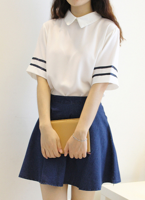 标题优化:2015春夏装韩版学生装海军风翻领中袖衬衫牛仔短裙两件套装女学院