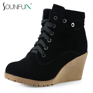  淘金币 sounfun 秋冬新款真皮短靴 坡跟女短靴 牛皮高跟靴欧