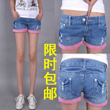 2012夏季热卖 韩版 女 浅蓝色 卷边翻边 修身显瘦 牛仔短裤热裤子