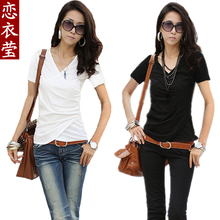 恋衣莹女装 2012新款夏装大码上衣韩版纯棉V领中长款修身短袖T恤