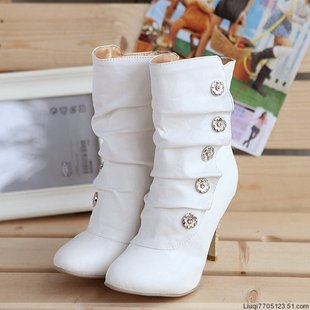  优雅气质高跟鞋韩国时尚秋款套筒钮扣饰淑女褶皱休闲中筒靴骑士靴