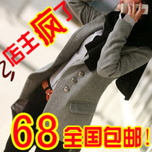 2011秋冬新品女装休闲韩版修身毛呢小西装服女中长款风衣小外套