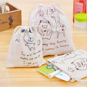 小熊小鹿棉麻束口袋 抽绳收纳袋 日本麻布袋子 杂物包 可爱环保袋