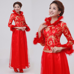  秋冬季夹棉长袖旗袍裙 结婚礼服 改良新款复古套装长款QD8636