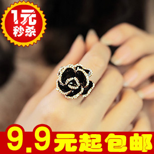 E1278 韩国高档 进口饰品 镶钻黑玫瑰花开口戒指 韩版女款水钻戒