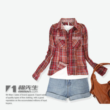 棉先生 2010秋季zara姐妹品牌时尚碎花边格子款休闲女衬衫 S3074