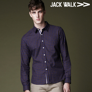  jackwalk男装正品新款长袖英伦衬衣格子牛津纺拼条修身男式衬衫