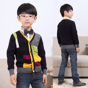  秋新薄款韩版儿童装针织羊绒开衫潮男童毛衣英伦小孩宝宝外套