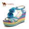 淘金幣 camel 駱駝全牛皮 時尚坡跟休閑女涼鞋 厚底山茶花2012夏