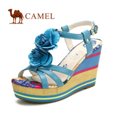 淘金币 camel 骆驼全牛皮 时尚坡跟休闲女凉鞋 厚底山茶花2012夏