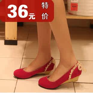 2012春秋新款韩版女鞋子OL裸色糖果色蝴蝶结圆头低跟坡跟单鞋清仓