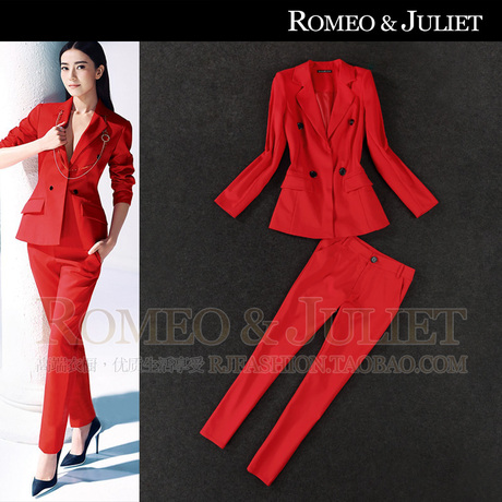 【明星同款】2014欧美春装新款女装红色西服+西裤套装 西装两件套