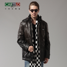 卡帝乐鳄鱼cartelo 男装冬装PU皮渐变中长款带帽男士羽绒服厚0666