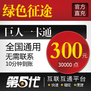 巨人一卡通300元点卡/绿色征途300元30000点卡/第五代自动快充