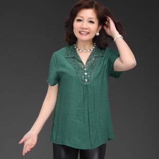 乐卡索 母亲节礼物中年女装棉麻短袖T恤中老年女装夏装妈妈装衬衫