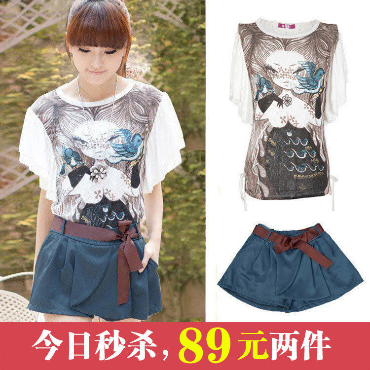 包邮蝶恋2012夏装新款女款 系腰带裙裤加蝙蝠袖小魔女短袖T恤