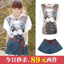 包邮蝶恋2012夏装新款女款 系腰带裙裤加蝙蝠袖小魔女短袖T恤