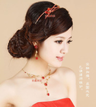 新娘配饰红色新娘饰品批发婚纱配饰项链三件套结婚饰品礼物0268