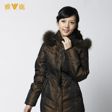 2010新品<span class=H>雅鹿</span>貉子毛领宽腰女中款<span class=H>羽绒</span><span class=H>服</span> 茶金色 YBC229B 110-10#