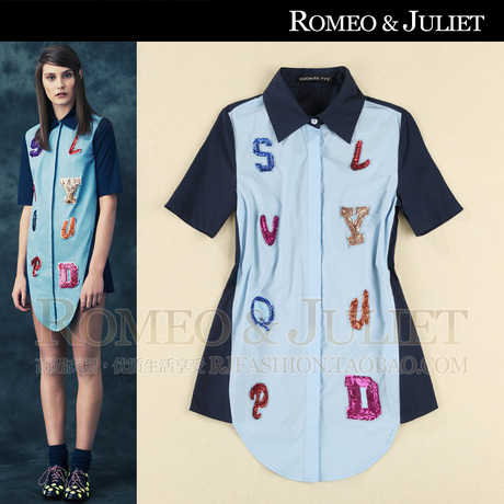 【设计师】2014欧美春夏女装新款个性拼接订珠字母短袖袖衬衫衬衣