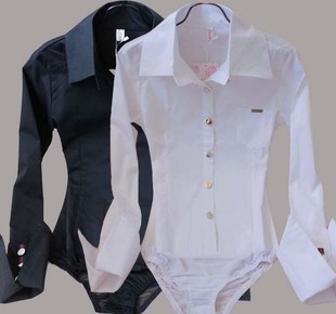 女装白色OL连体衬衫工作服修身韩版职业牛角长袖纯色连裆衬衣