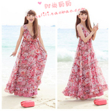 2012春夏波西米亚裙花朵深V领沙滩裙长裙吊带裙打底裙连衣裙