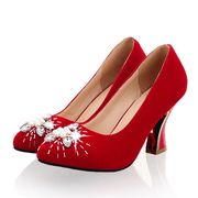 性感红色新娘鞋水钻珍珠，高跟鞋婚鞋结婚鞋，婚庆女鞋大码40-43单鞋