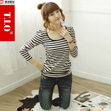 TIO女2012春装新款韩版弹力修身打底衫黑白条纹长袖低领T恤T1102
