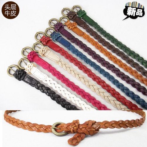 腰带女真皮头层牛皮细皮带 时尚编织复古铜扣糖果色腰饰新品