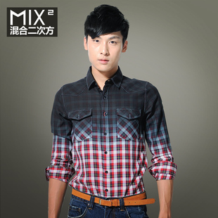  MIX2 男士时尚渐变格子长袖衬衫男式韩版男装潮男 L23C10F4