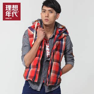  理想年代春夏新款男士马甲 韩版连帽马夹潮男 格子棉马甲外套