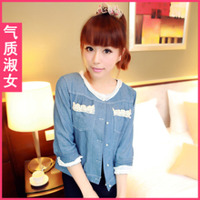 韩版女装2012新款夏季夏装缕空蕾丝边七分袖牛仔短款外套C832夏款