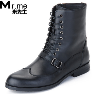  Mr.me潮流皮靴男靴子马丁靴男真皮工装靴中筒靴男 军靴铆钉机车靴
