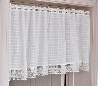 经典白色方格子咖啡帘半帘柜帘橱帘小短帘窗帘水溶蕾丝花边