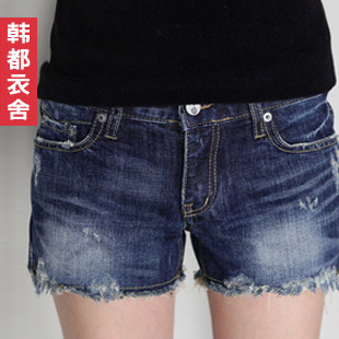 货到付款韩国 2012夏<span class=H>装</span>新款 <span class=H>女</span><span class=H>装</span>磨破水洗牛仔短<span class=H>裤</span>