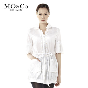 MO&amp;Co. 摩安珂 M81SHT08 五分袖纯色棉质褶皱翻领衬衣
