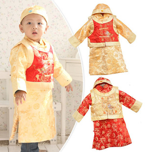  儿童生日服新年装唐装男孩阿哥服夹棉长袍马褂三件套童之遥龙图