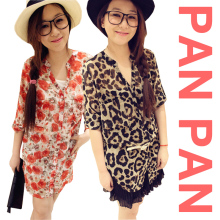 【PANPAN】CS-099 性感豹纹/花朵进口雪纺长款衬衫