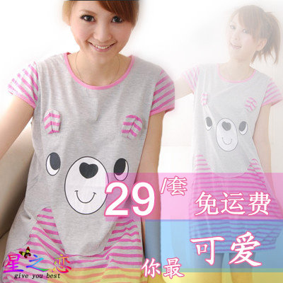 包邮 2012夏季特价新款女士纯棉卡通可爱小熊 连体睡裙短袖睡衣