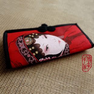 中国风盘扣工笔手绘长款帆布钱包卡包戏曲人物