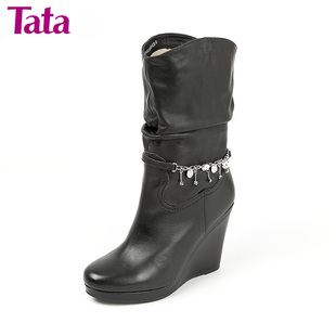 【活动】Tata/他她 牛皮2HW62D 冬季新品 坡跟 中筒 女皮靴 正品