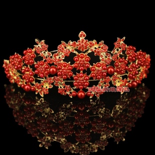 新款红色大皇冠 仿珍珠合金发圈 新娘造型 结婚